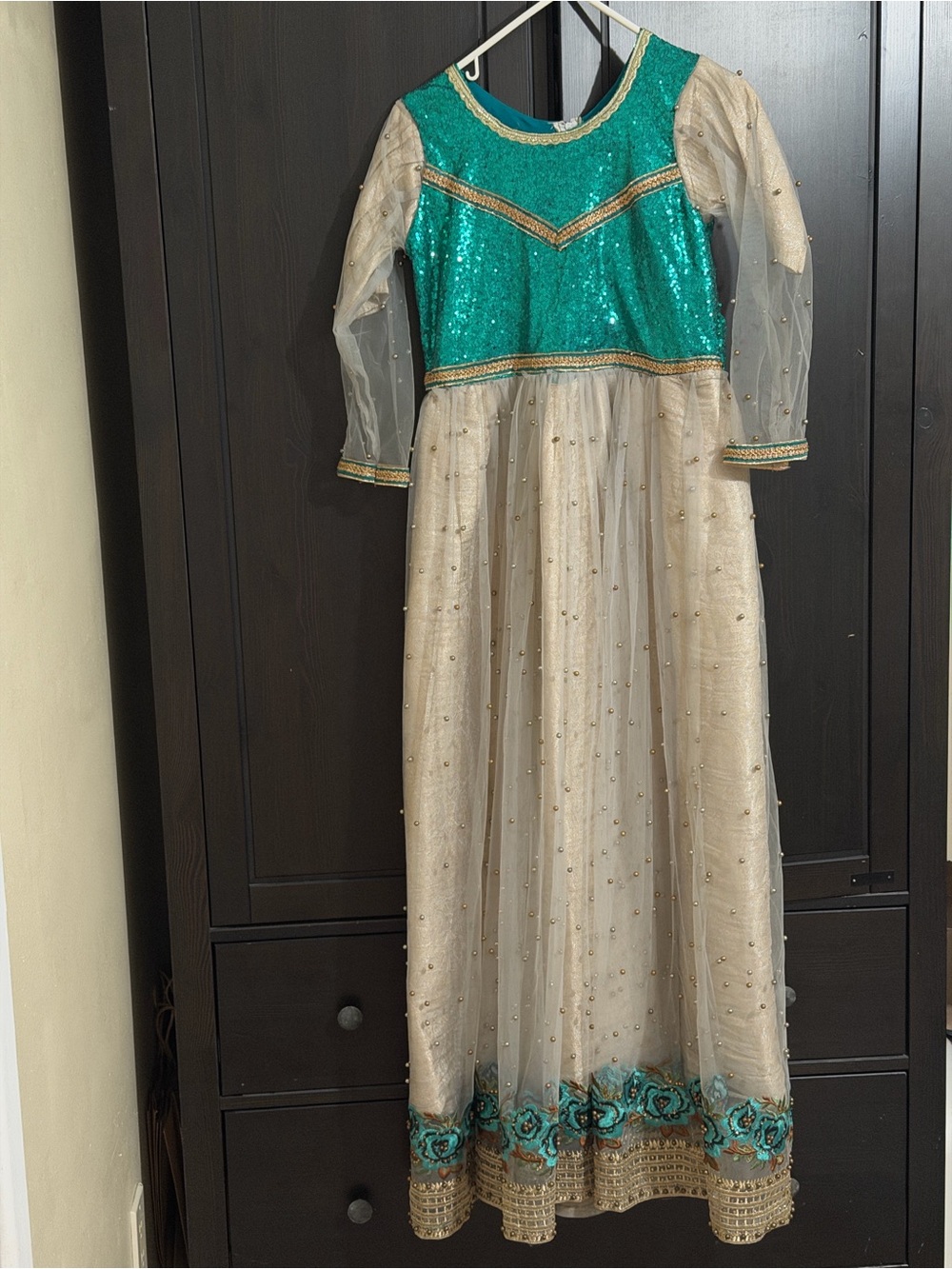 Emerald Sequin & Cream Mesh Evening Dress